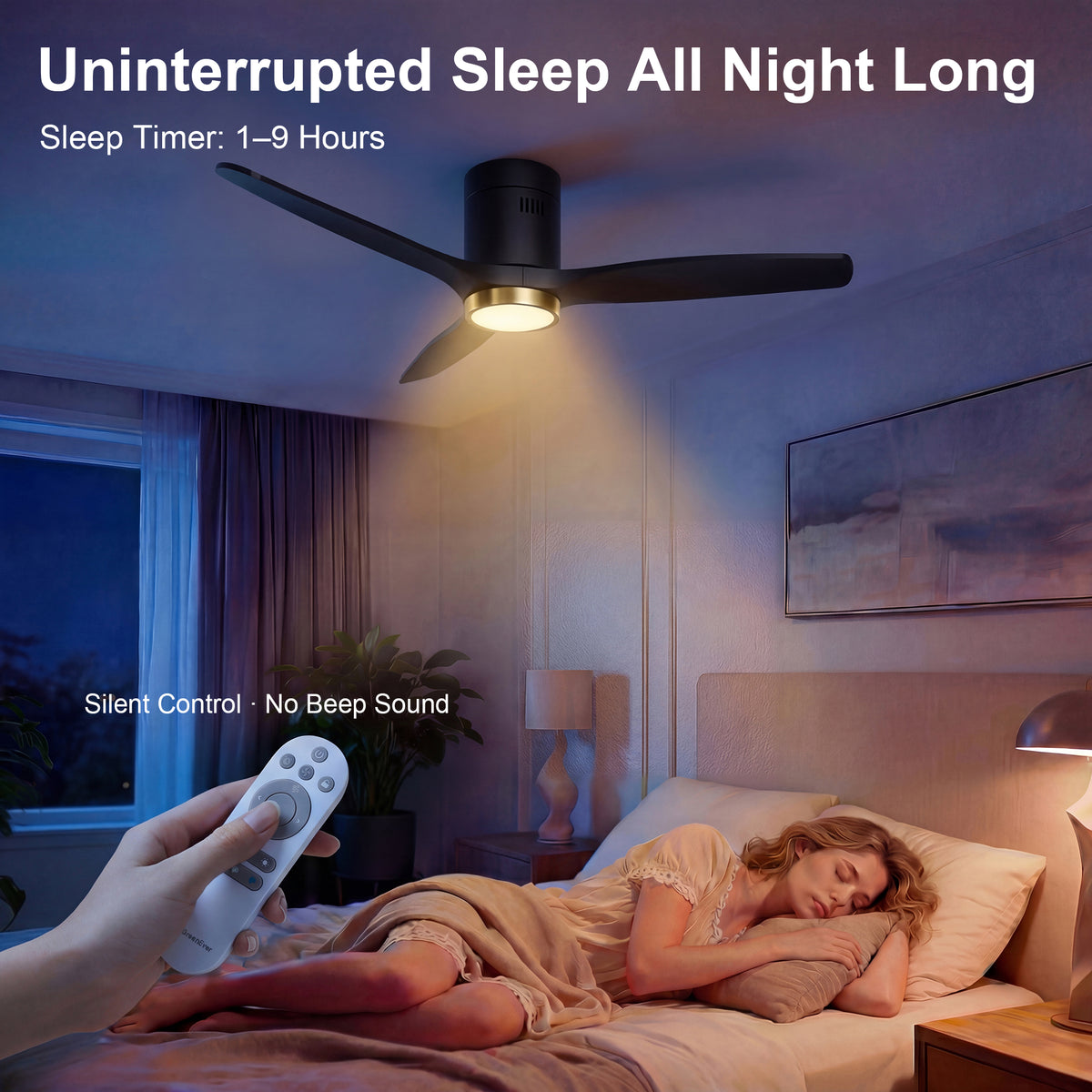 52-Inch Flush-Mount 3-Blade Ceiling Fan with Light, Wall Control and Remote