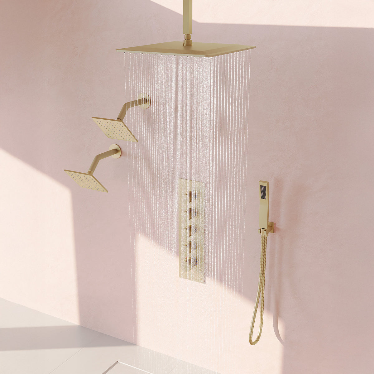Ceiling-Mounted Triple-Head Shower System with Adjustable Handheld Spray