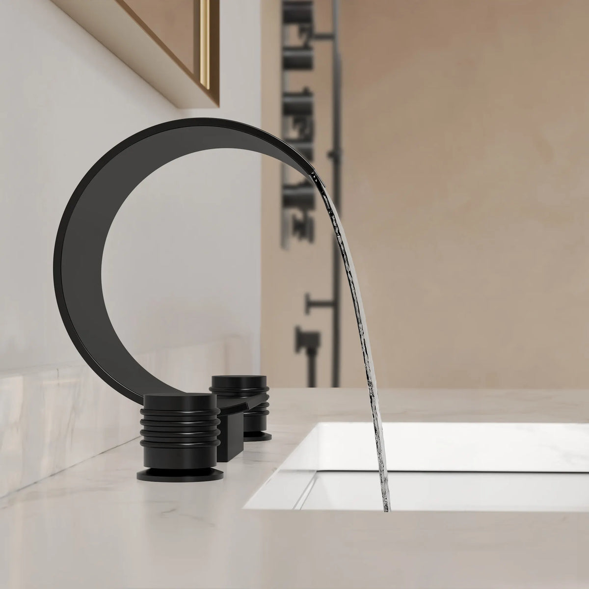 Two-Handle Waterfall Widespread Bathroom Sink Faucet With Pop-Up Drain