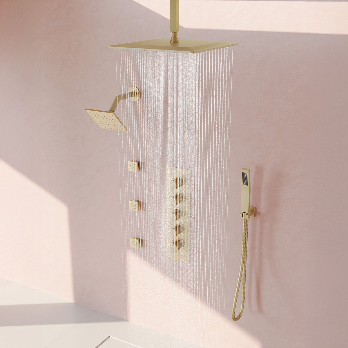 Ceiling-Mounted Multi-Spray Shower System with Secondary Wall Head