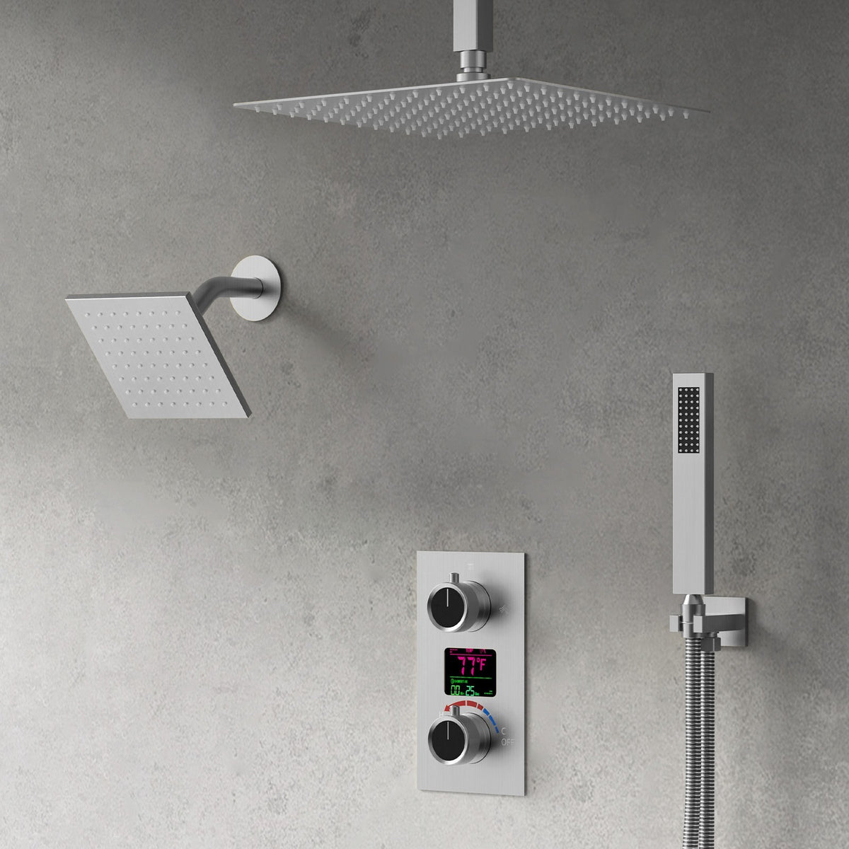 Ceiling-Mounted Dual Shower System with Adjustable Handheld Spray