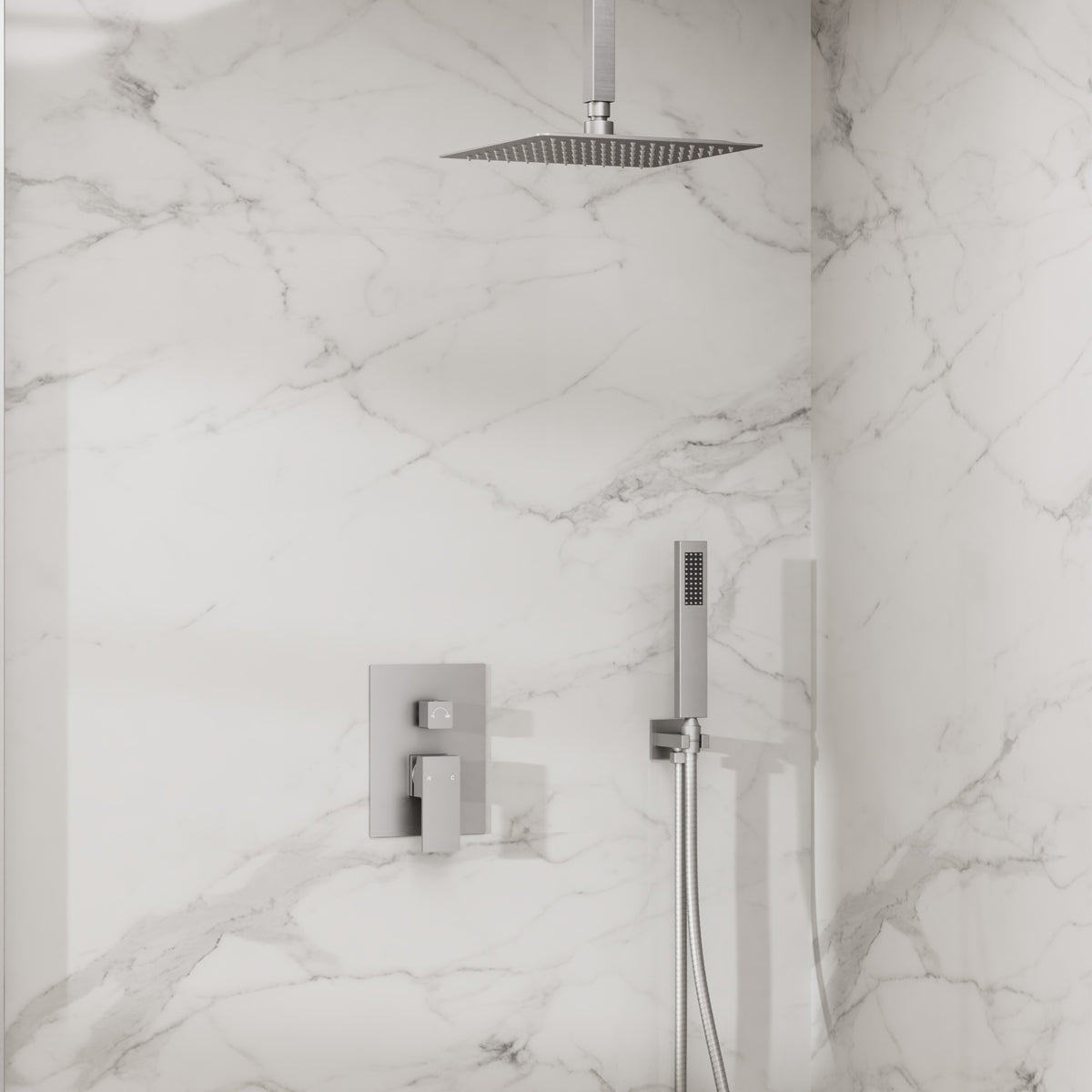 Ceiling-Mounted Rain Shower System with Adjustable Handheld Spray