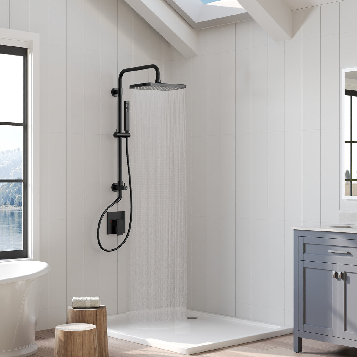 Exposed Shower System with Wide Rain Head and Handheld Spray