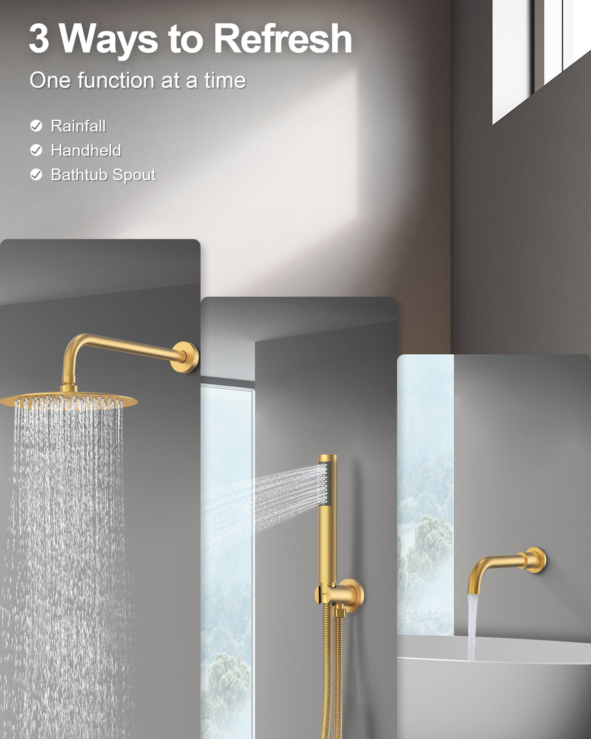 Round Wall-Mounted Rain Shower System with Handheld and Tub Spout