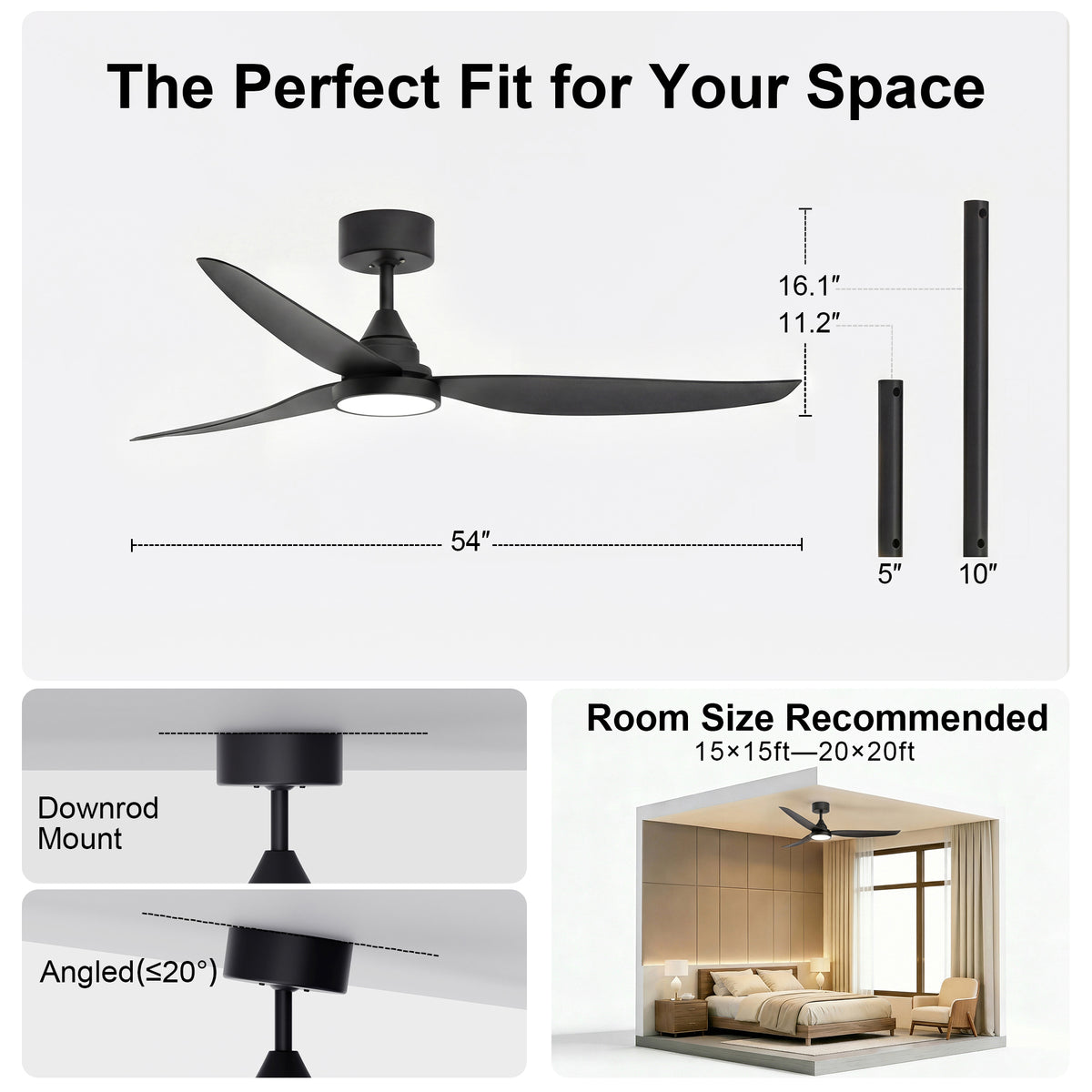 54-Inch Downrod Mount 3-Blade Ceiling Fan with Light and Remote Control