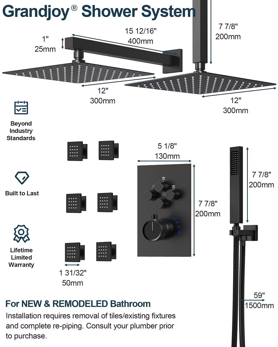 Square Wall-Mounted Dual Shower System with Body Jets