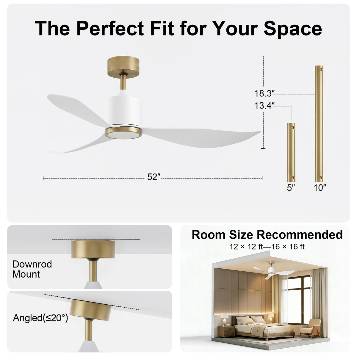 52-Inch Downrod Mount 3-Blade Ceiling Fan with Light and Remote Control