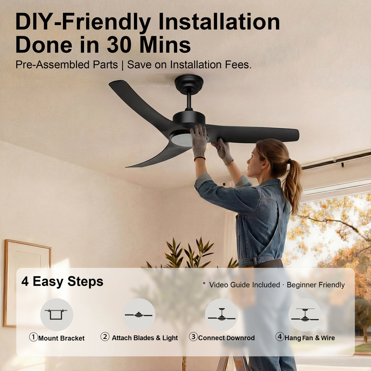 52-Inch Downrod Mount 3-Blade Ceiling Fan with Light and Remote Control