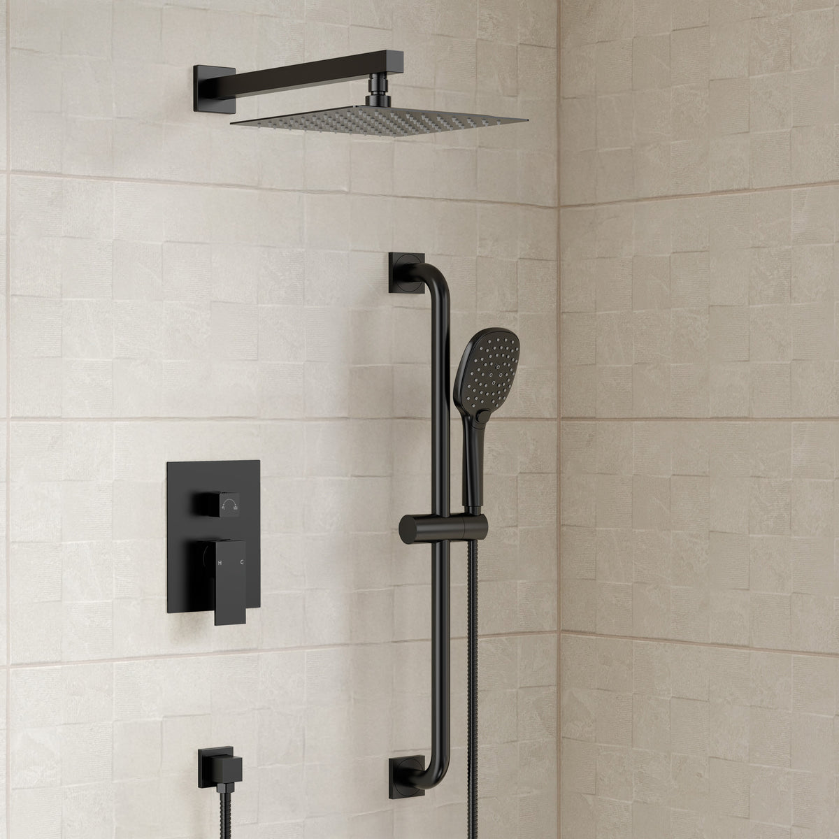 Square Wall-Mounted Shower System with Adjustable Slide Bar