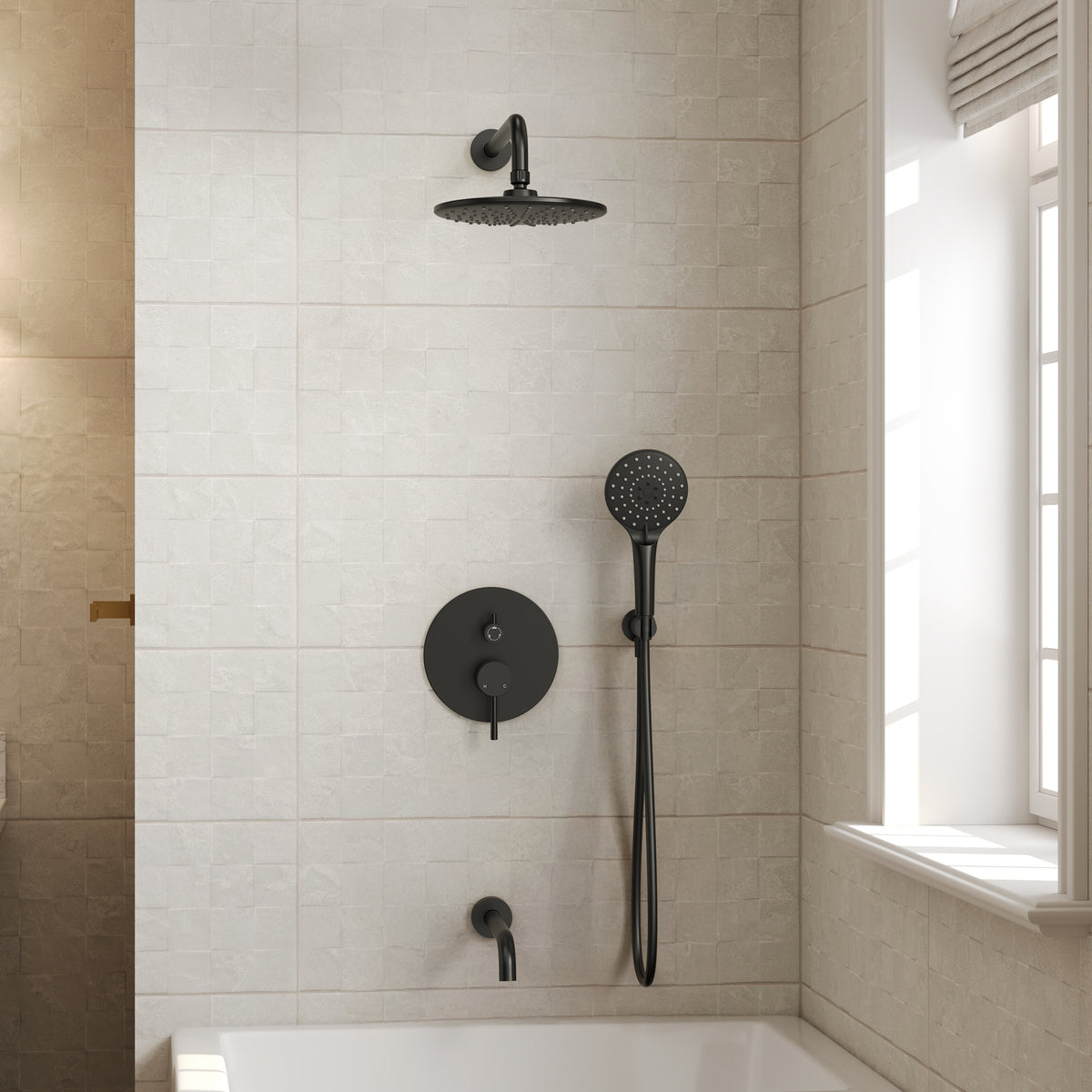 Round Wall-Mounted Shower System with Handheld and Tub Spout