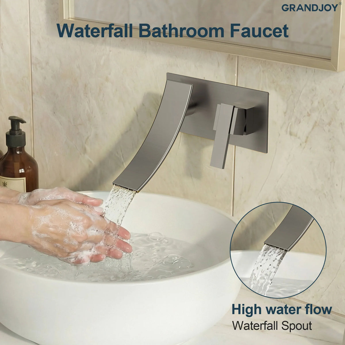Single-Handle Wall-Mount Bathroom Sink Faucet With Waterfall Spout And Pop-Up Drain