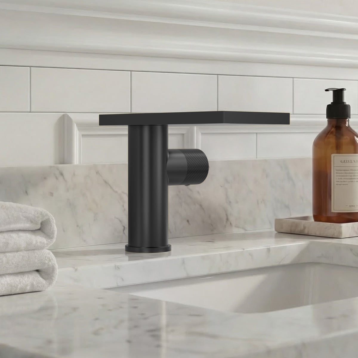Single-Handle Bathroom Sink Faucet With Waterfall Spout And Pop-Up Drain