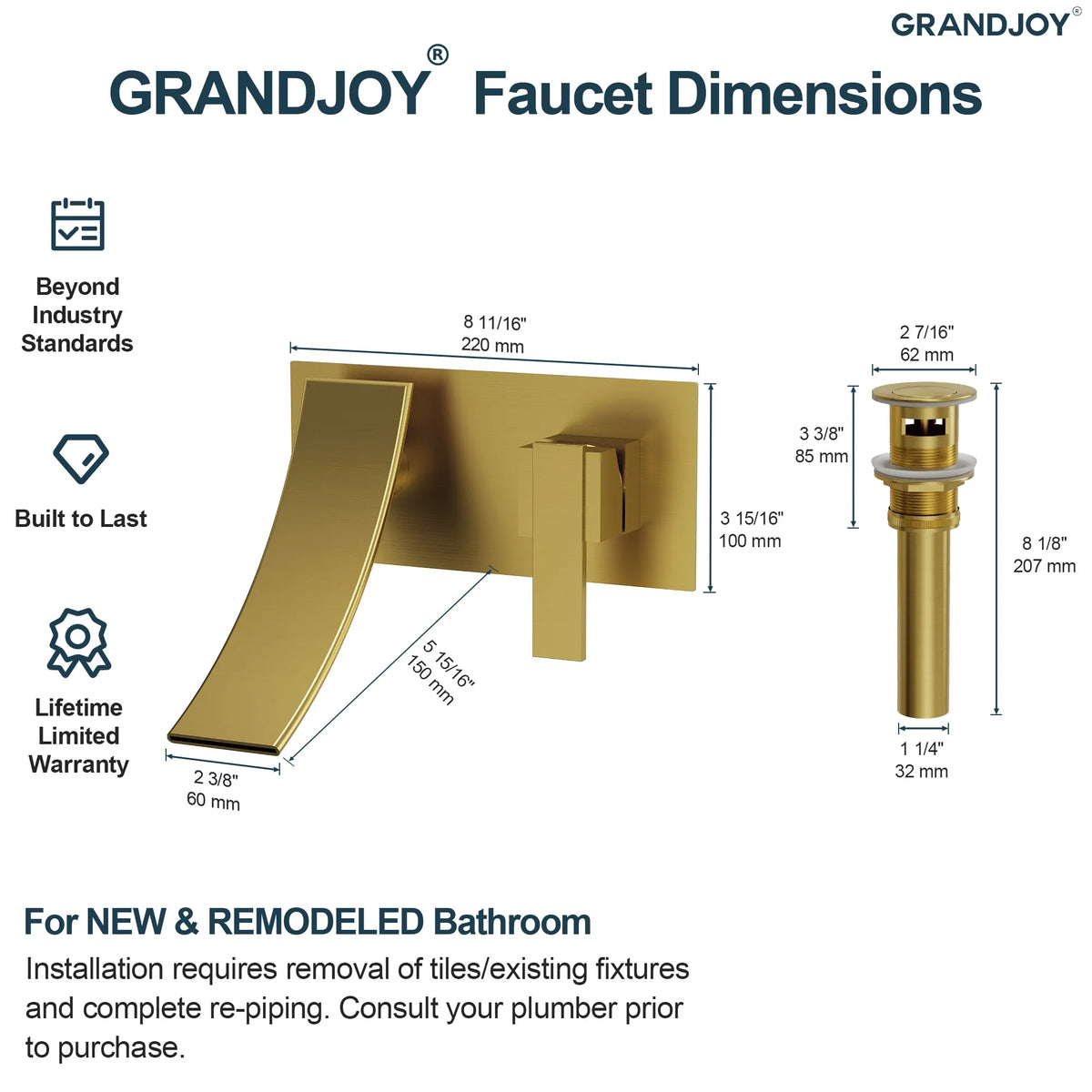 Single-Handle Wall-Mount Bathroom Sink Faucet With Waterfall Spout And Pop-Up Drain