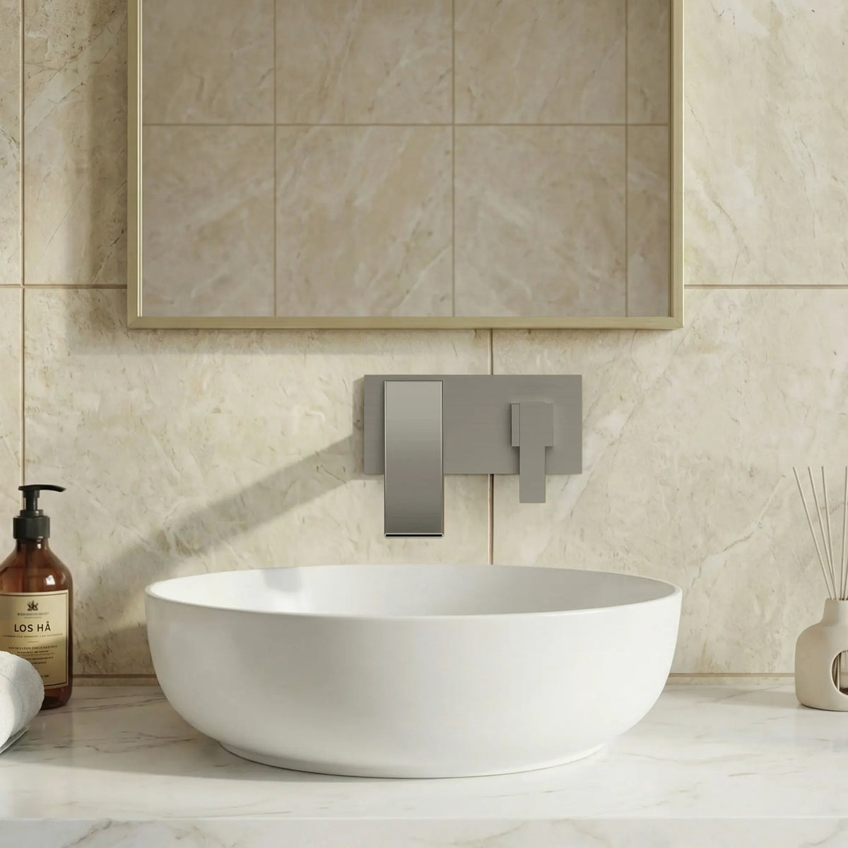 Single-Handle Wall-Mount Bathroom Sink Faucet With Waterfall Spout And Pop-Up Drain