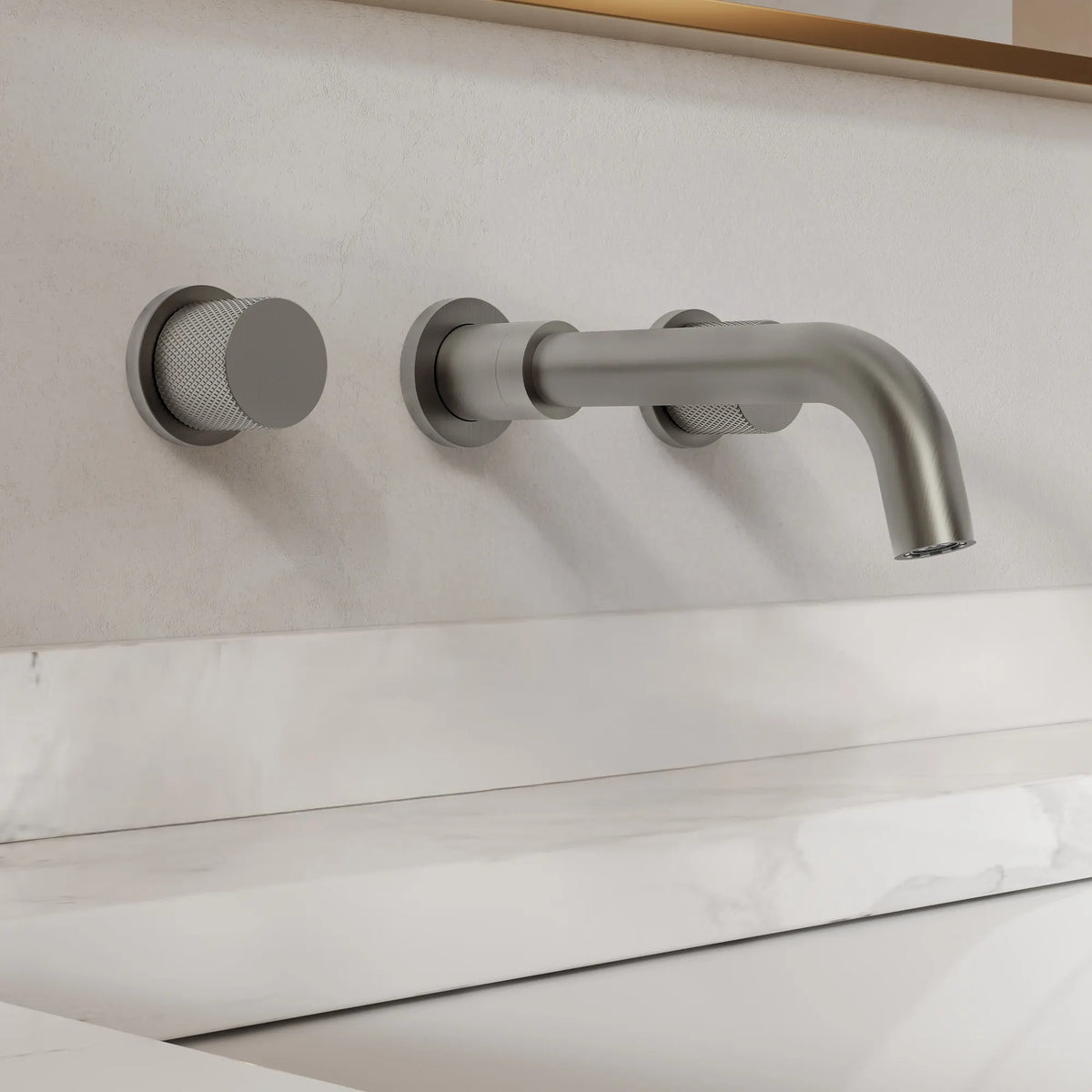 Two-Handle Wall-Mount Bathroom Sink Faucet With Pop-Up Drain