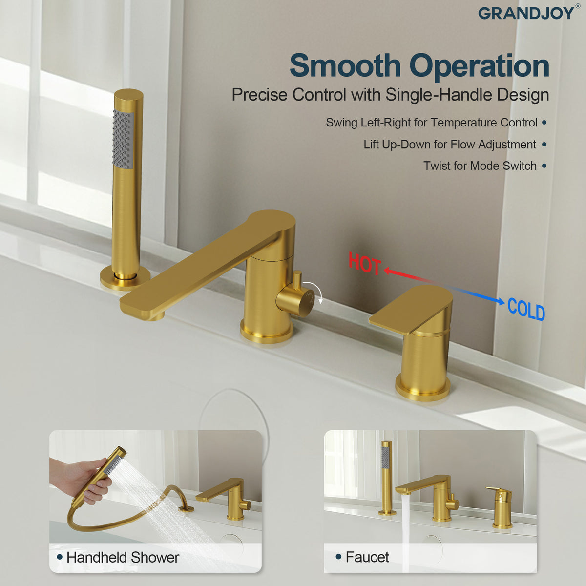 Low-Arc Deck-Mounted Bathtub Faucet with Hand Shower and Swivel Spout