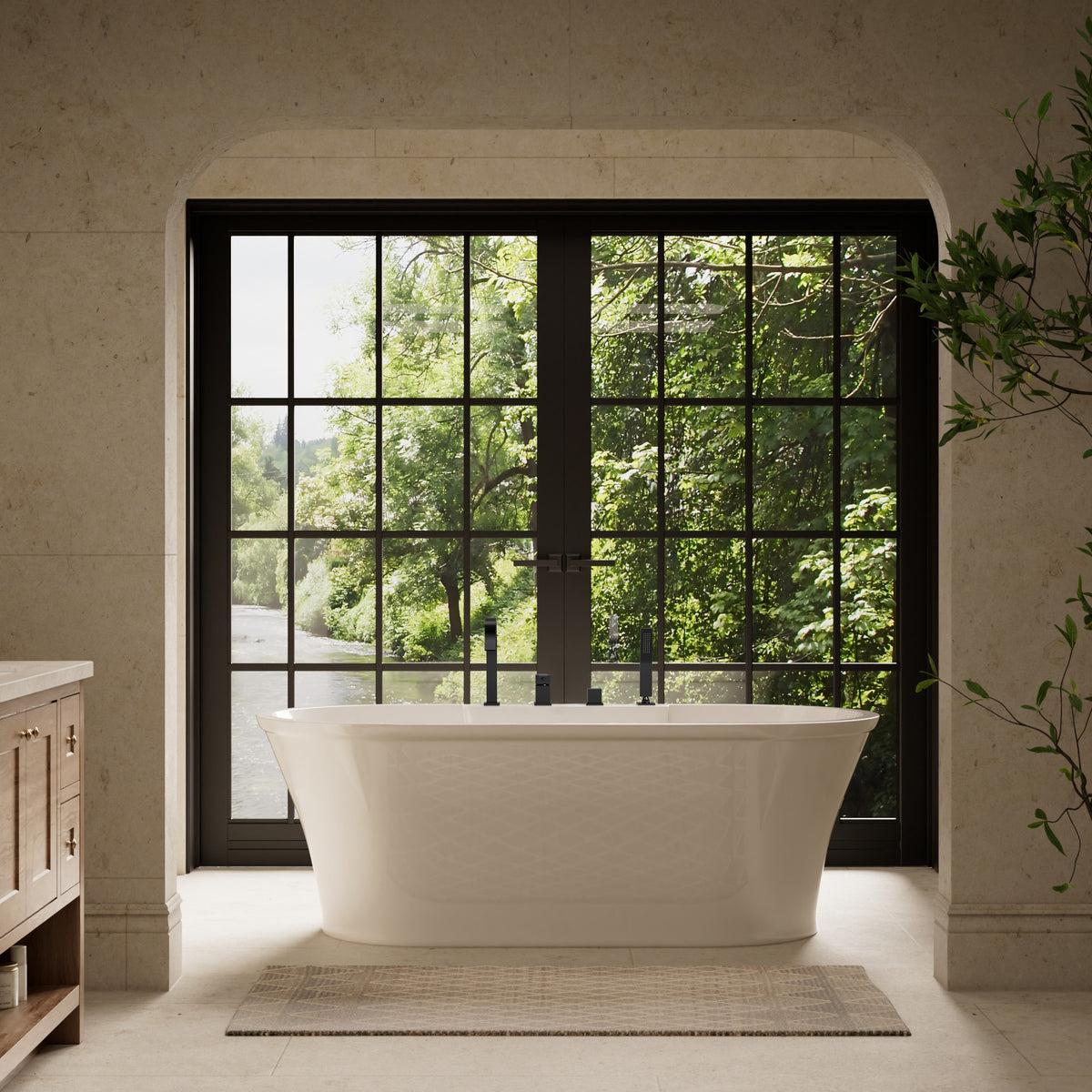 Deck-Mounted Waterfall Bathtub Faucet with Dual Handles and Hand Shower