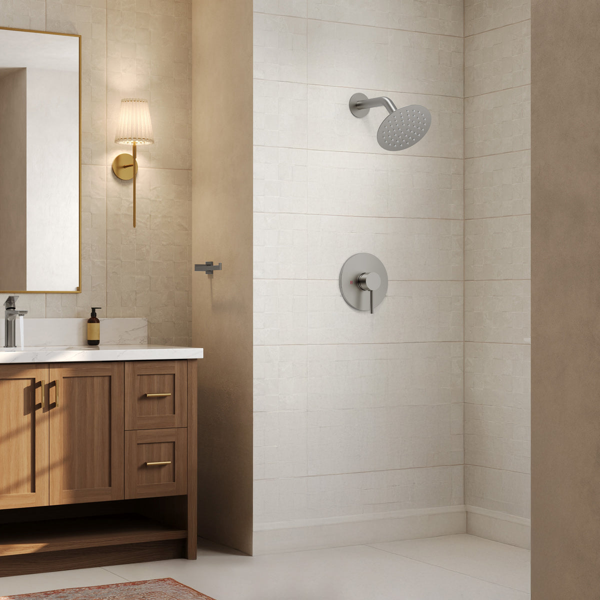 Round Wall-Mounted Rain Shower System with Pressure-Balanced Valve