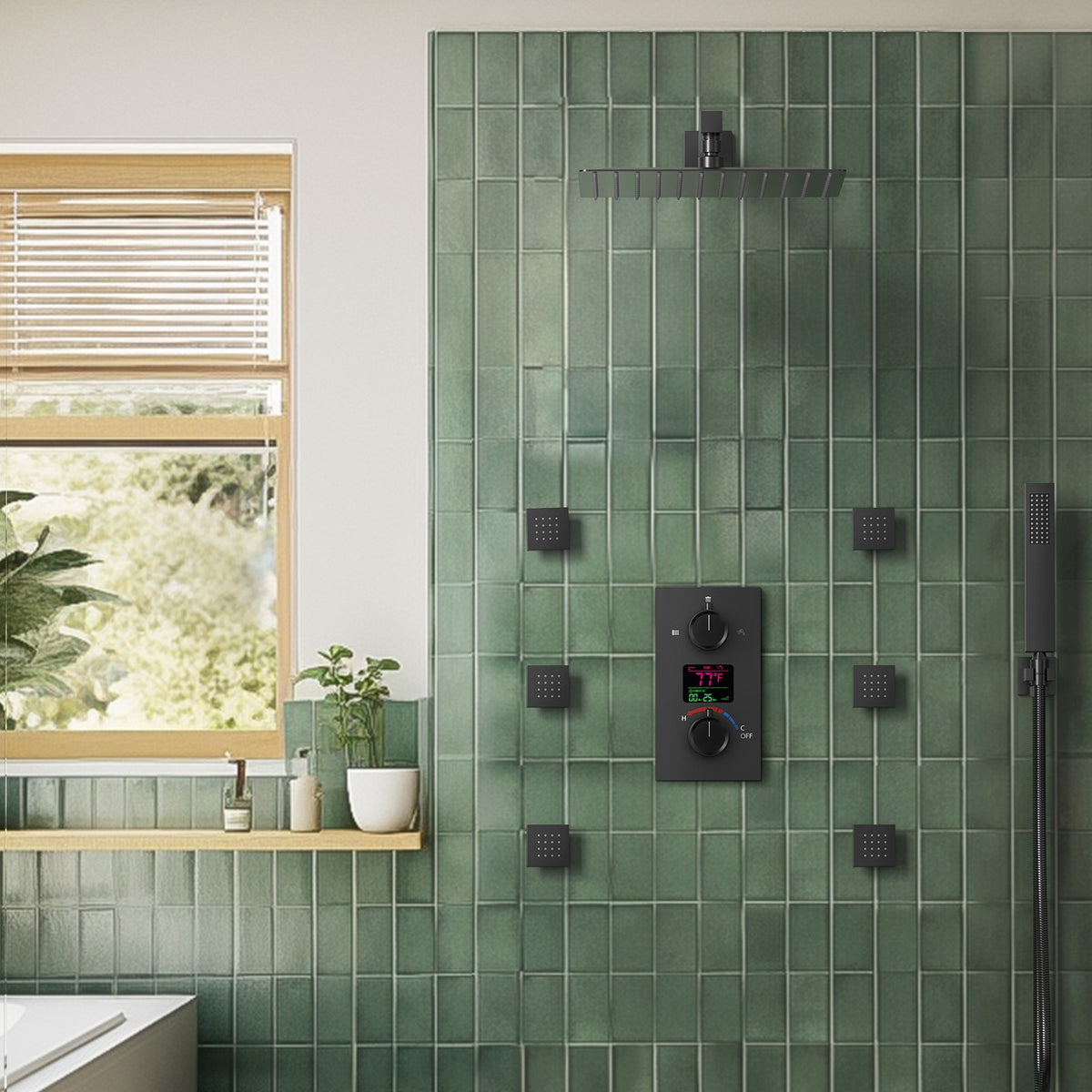 LED Wall-Mounted Shower System with Six Body Jets and Handheld
