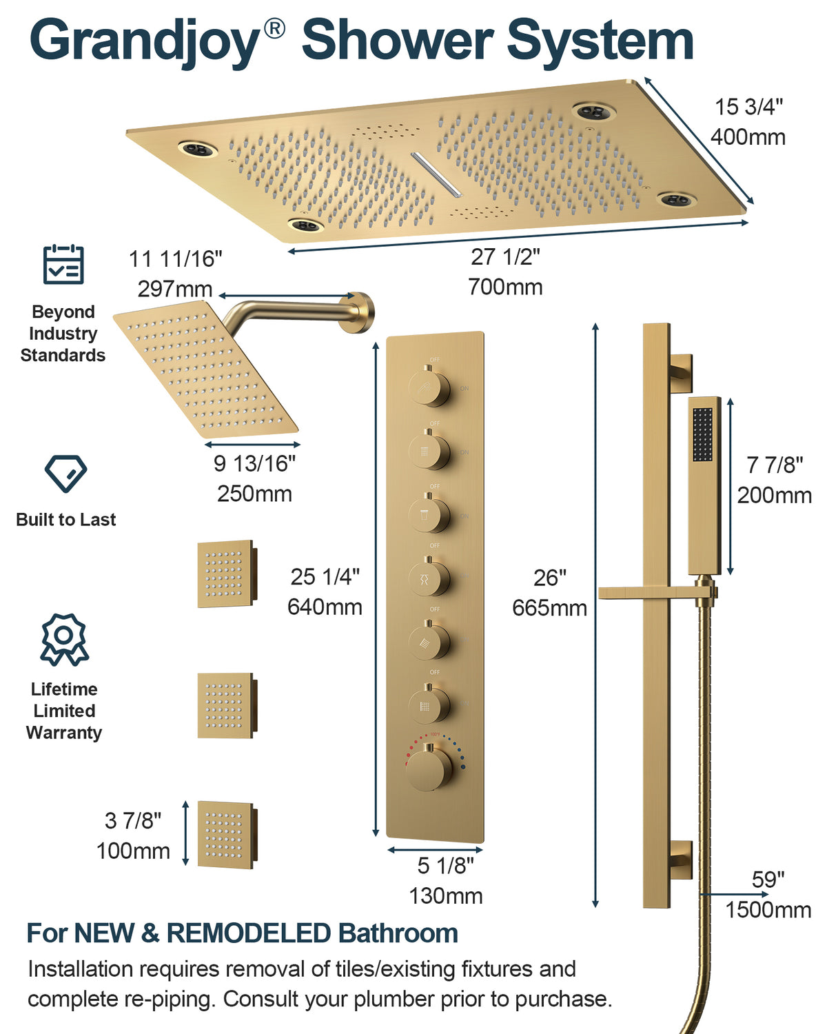 LED Bluetooth Dual-Head Ceiling-Mounted Shower System with Body Jets
