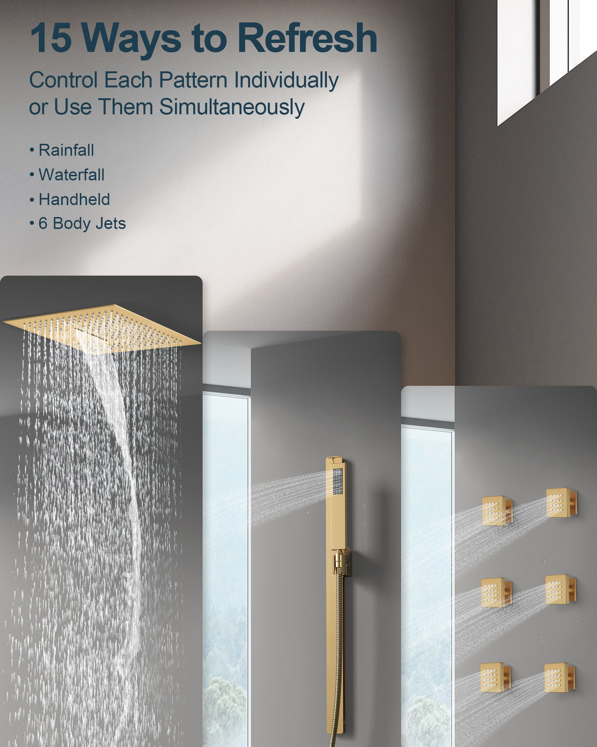 LED Ceiling-Mounted Thermostatic Shower System with Body Jets