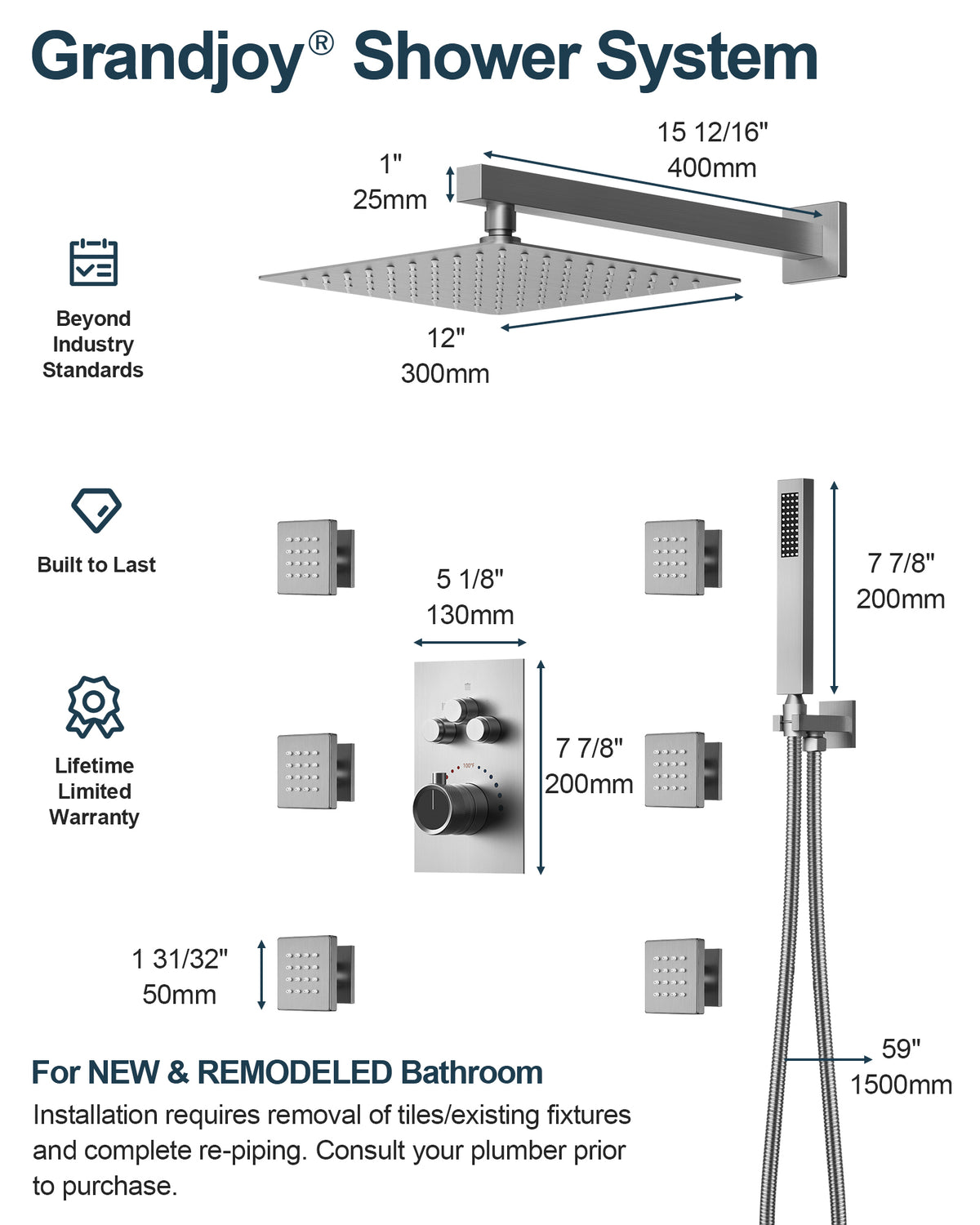12-Inch Wall-Mounted Three-Function Thermostatic Shower System
