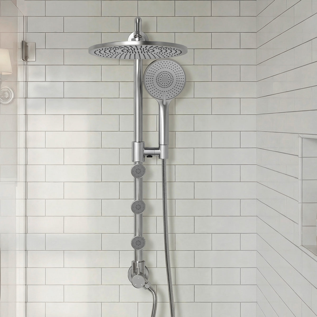 Exposed Rain Shower System with Handheld and Side Sprays