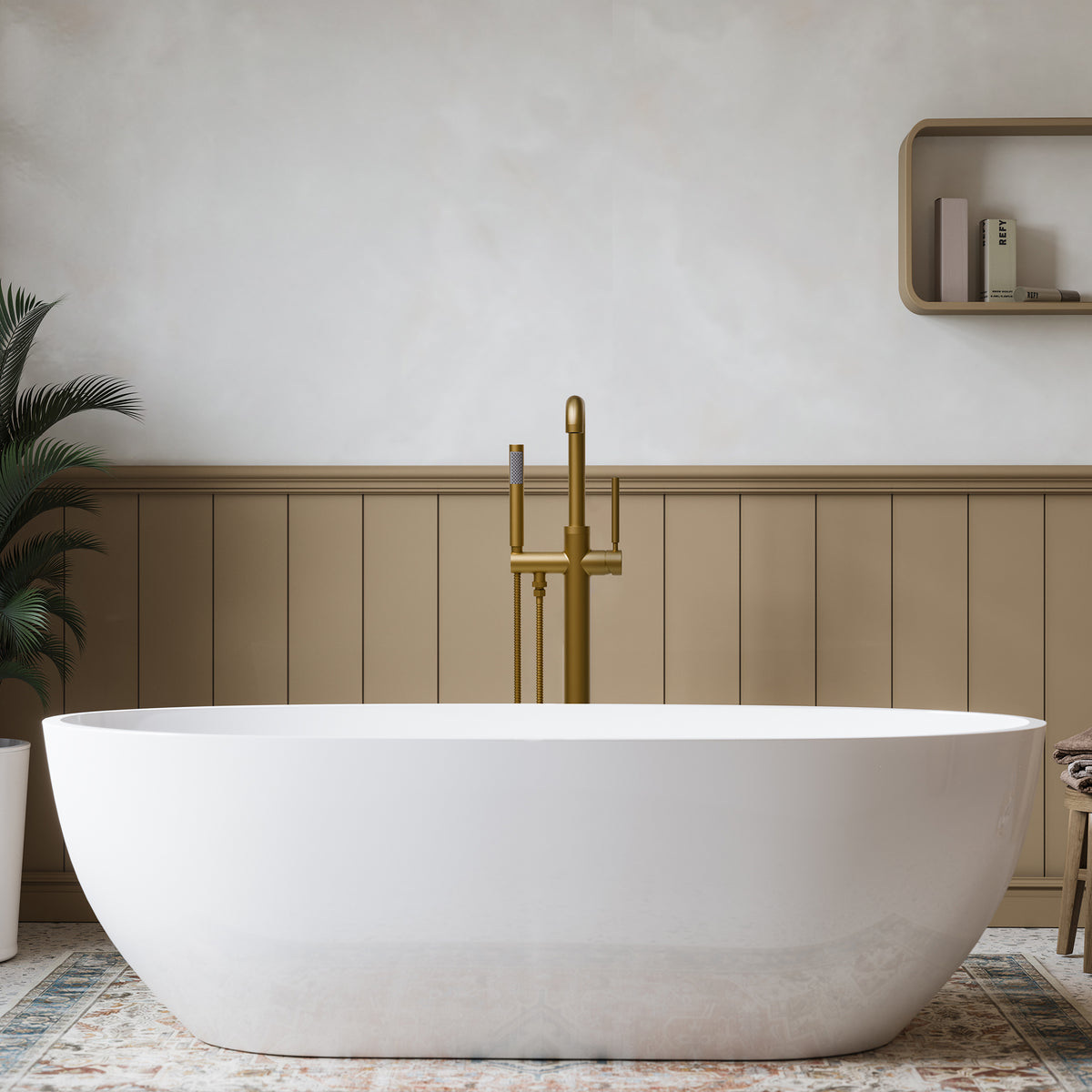 Floor-Mounted Bathtub Faucet with Swivel Spout and Hand Shower