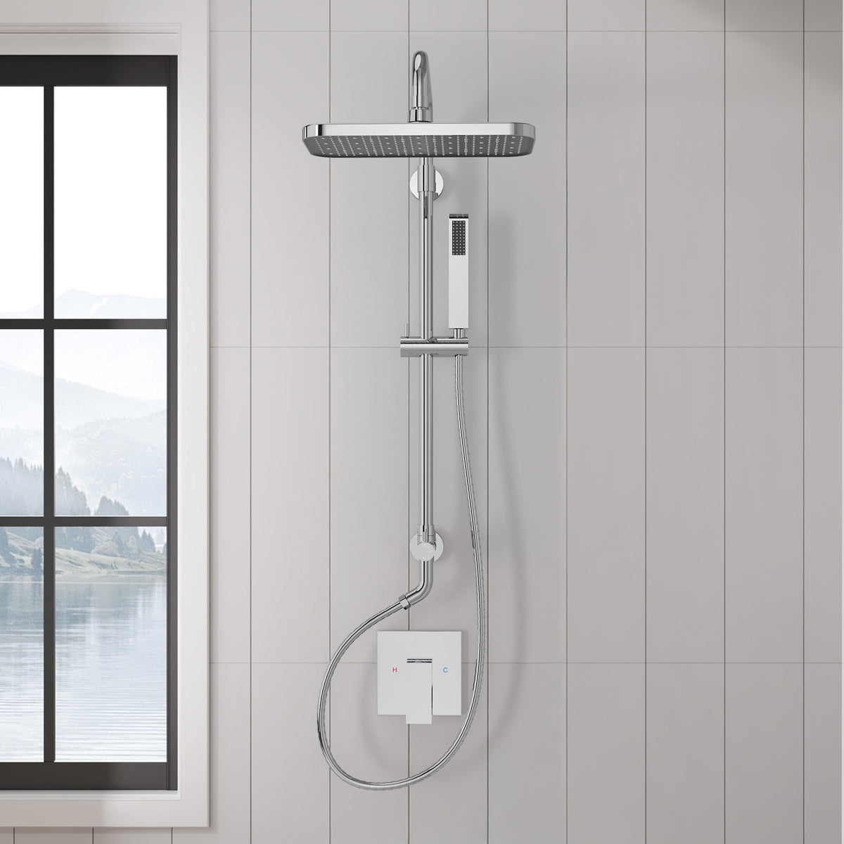 Exposed Shower System with Wide Rain Head and Handheld Spray