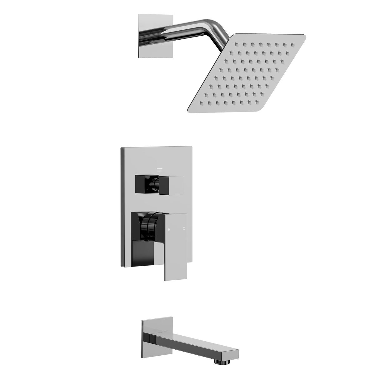 Square Wall-Mounted Shower System with Pressure-Balanced Tub Spout