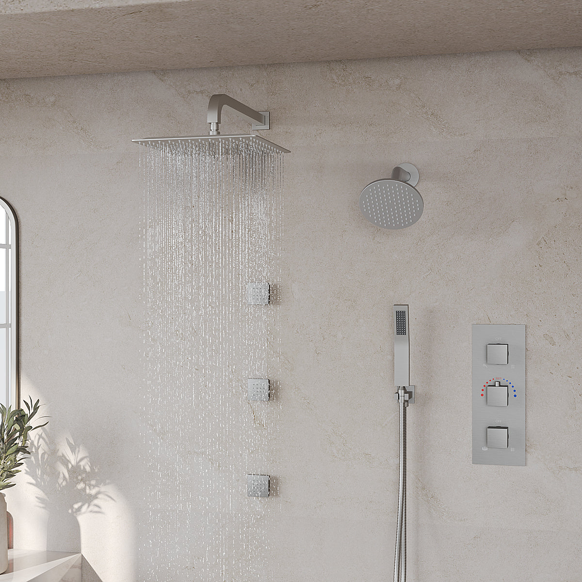 Wall-Mounted Thermostatic Dual Shower System with Six Body Jets