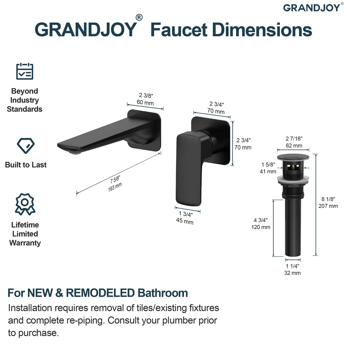 Single-Handle Wall-Mount Bathroom Sink Faucet With Pop-Up Drain