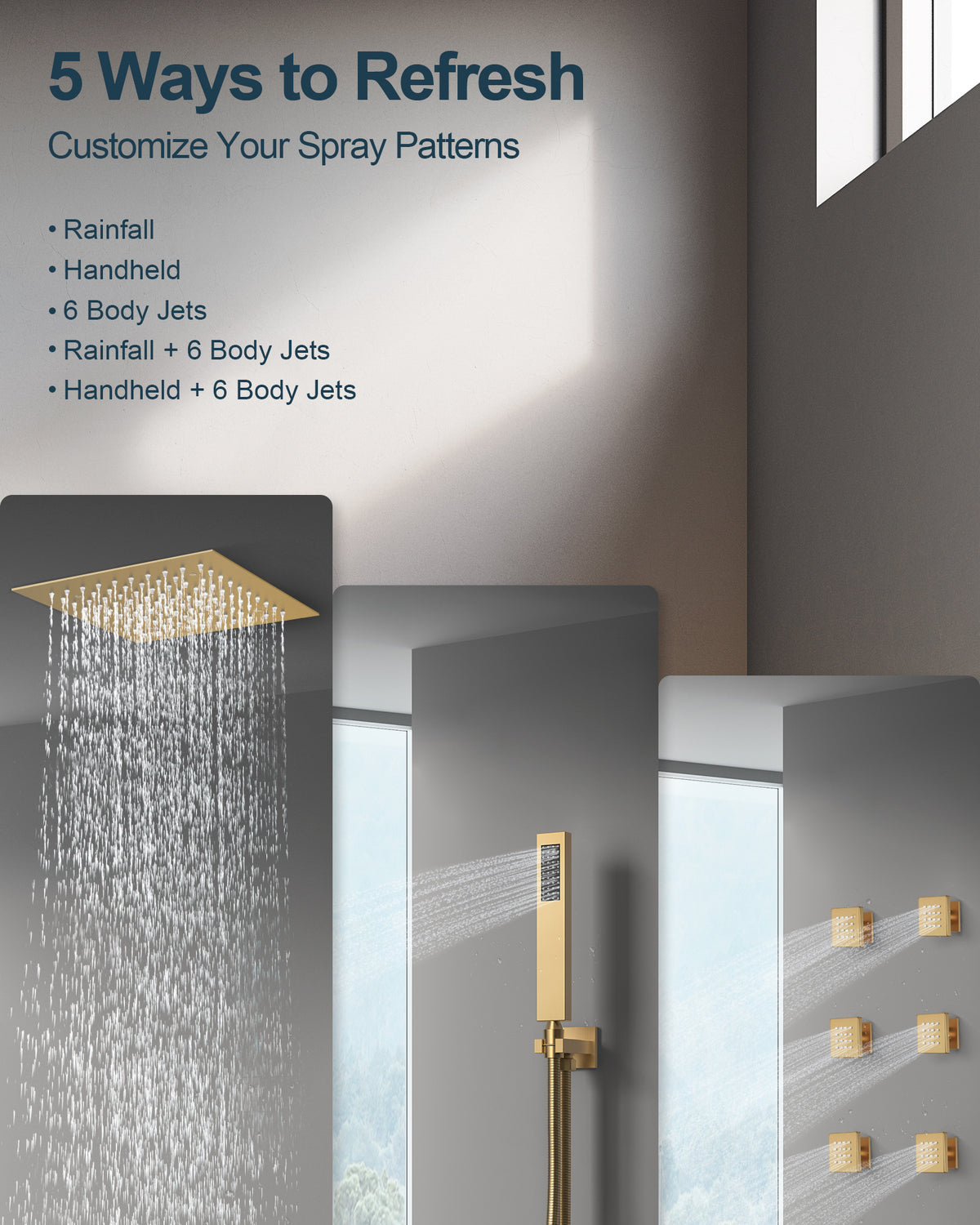 LED Ceiling-Mounted Thermostatic Shower System with Body Jets and Handheld
