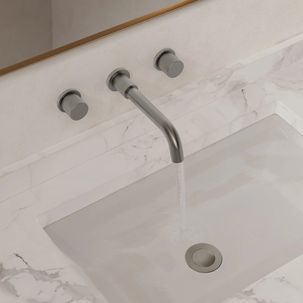 Two-Handle Wall-Mount Bathroom Sink Faucet With Pop-Up Drain
