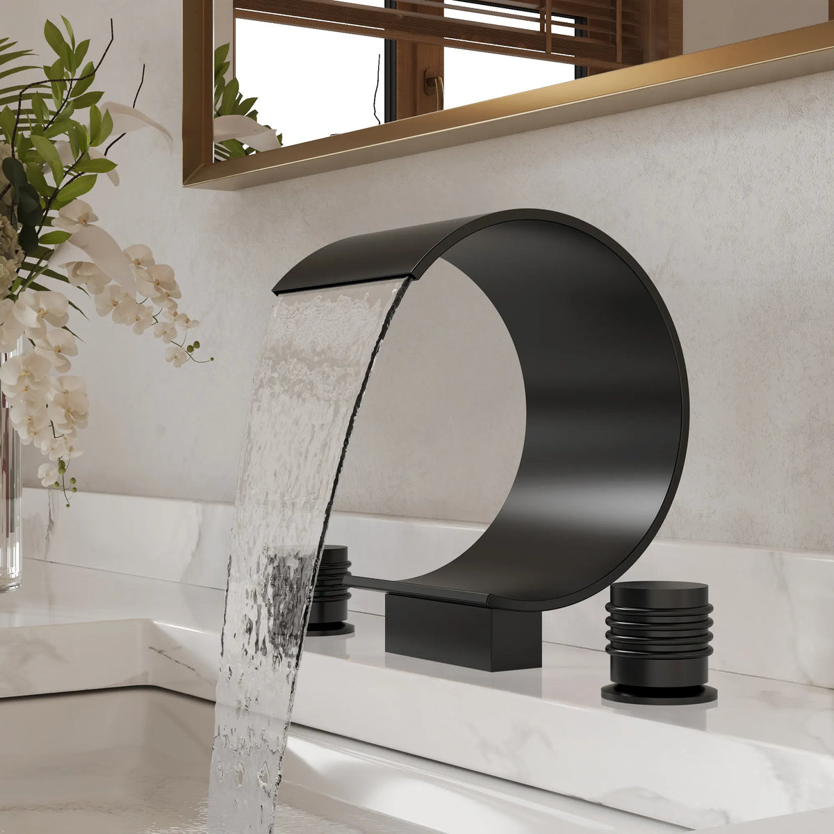 Two-Handle Waterfall Widespread Bathroom Sink Faucet With Pop-Up Drain