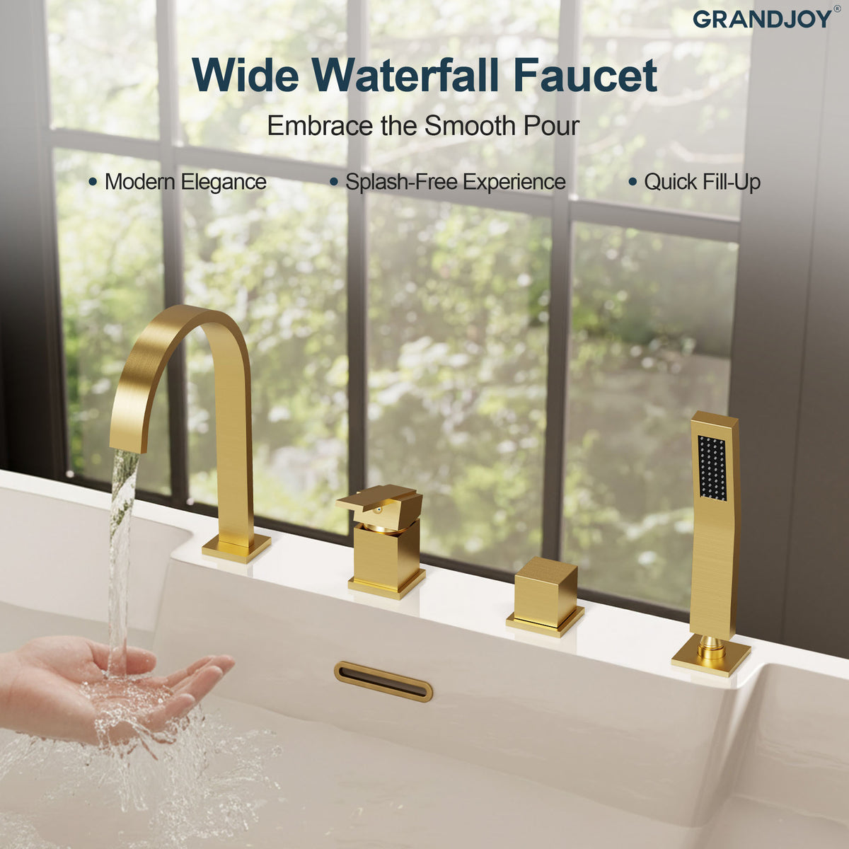Deck-Mounted Waterfall Bathtub Faucet with Dual Handles and Hand Shower