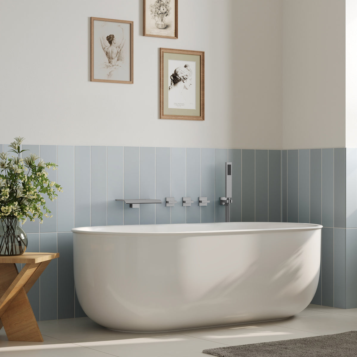 Wall-Mounted Floor-Mounted bathtub with Three Handles and Hand Shower