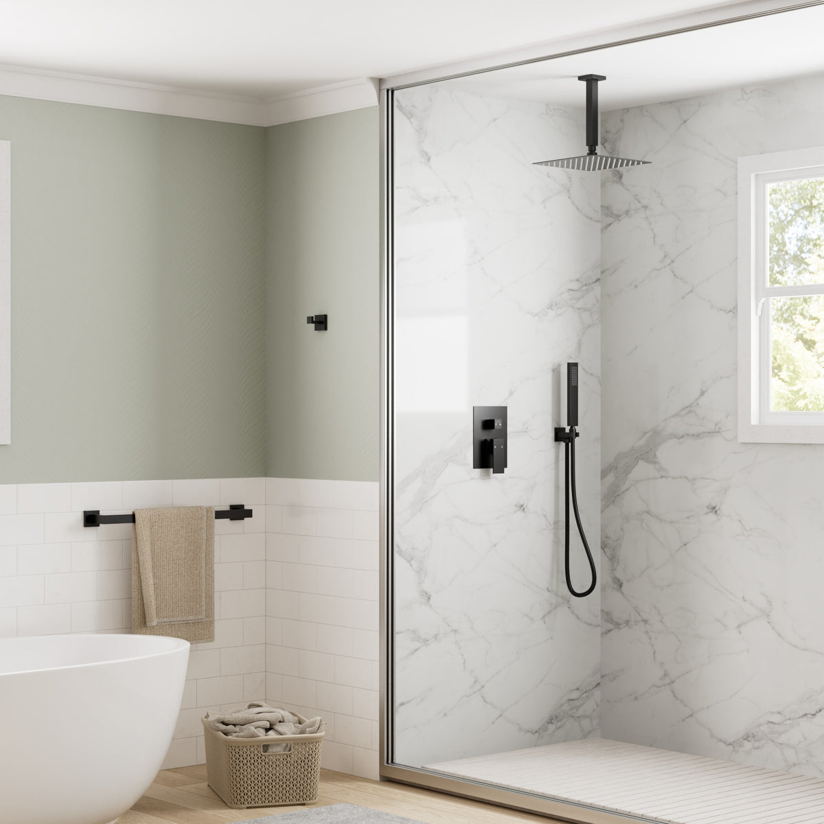 Ceiling-Mounted Rain Shower System with Adjustable Handheld Spray