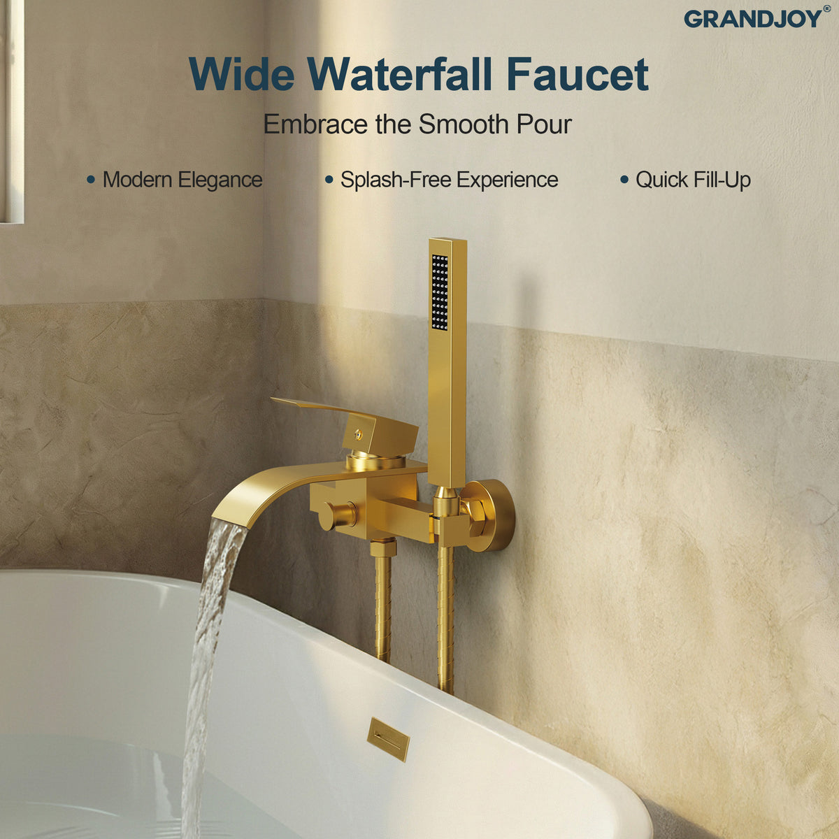 Wall-Mounted Waterfall Bathtub Faucet with Hand Shower and Single Handle