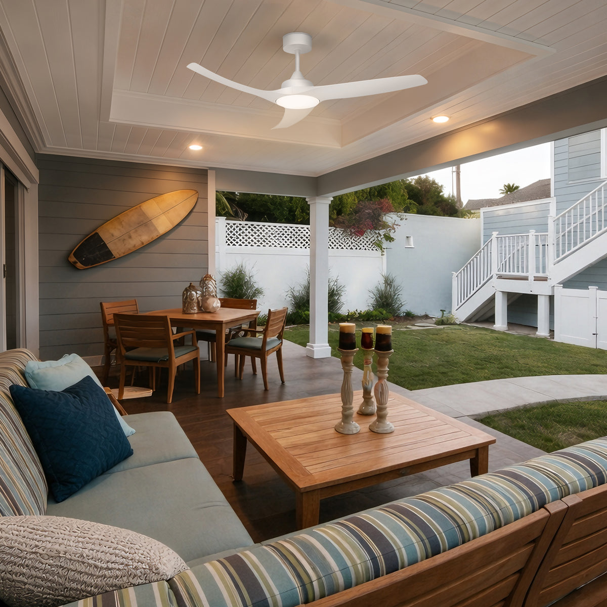 52-Inch Downrod Mount 3-Blade Indoor Outdoor Ceiling Fan with Light and Remote